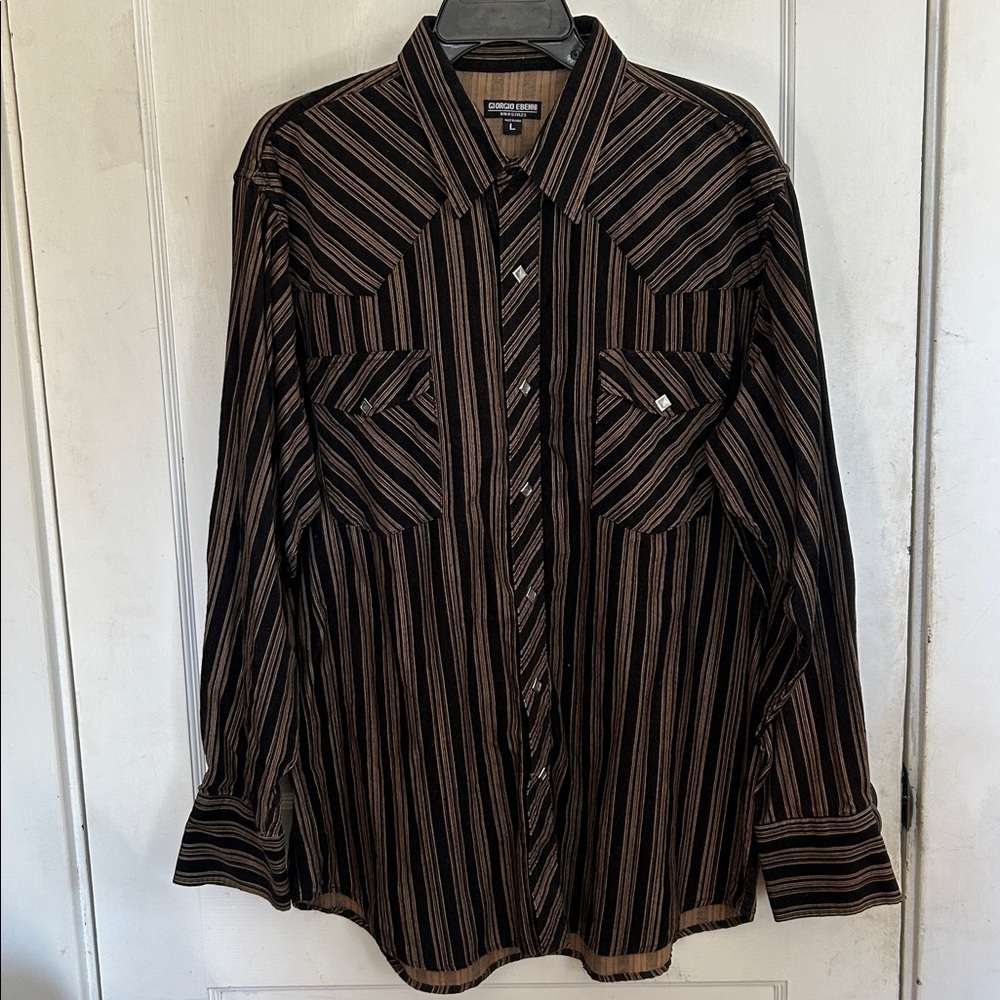 Geoffrey Beene Men's Black and Brown Striped Casual Button Down Shirt
